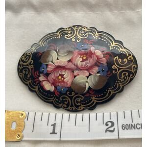 Vintage Russian Hand Painted Signed Brooch Pin Floral Multicolor. Excellent!